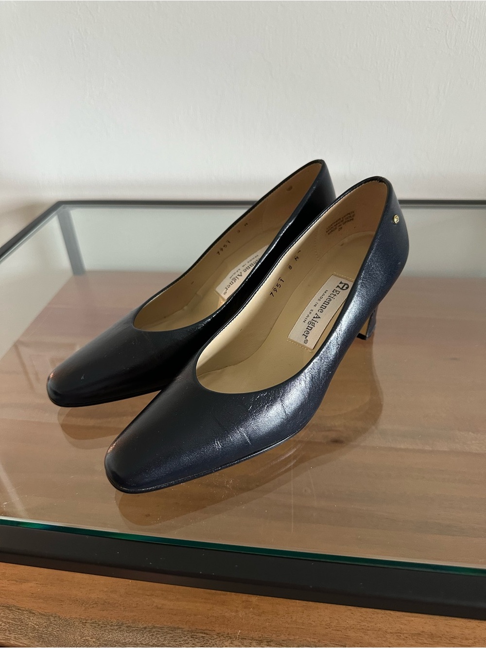 Vintage Etienne Aigner Sevilla Pumps Navy Leather Square Toe 8 M Made Spain